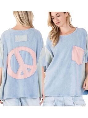 NEW Bluevelvet Light Blue Pink Peace Sign Symbol Oversized Mixed Media T-shirt